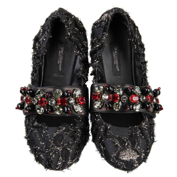 Dolce & Gabbana - Jacquard Crystal Brooch Strap Ballet Flats VALLY Black Red EUR - Picture 1 of 5